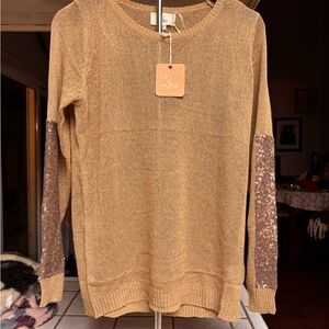 T2 Love Tan Sweater with Sequin Sleeves size S/M